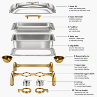 KUNTAI Réchaud de buffet rectangulaire de luxe en acier inoxydable martelé doré, alimenté à l'alcool, 9L, à chafing-dish hydraulique, A++ Énergie, Manuel