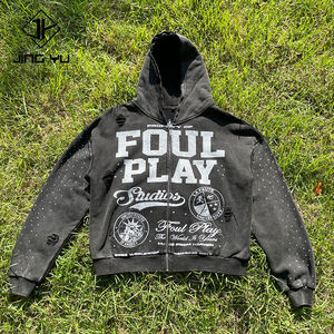 Reiß verschluss Hoodie Custom Distressed Washed Heavyweight Vintage Sun Faded Ripped <span class=keywords><strong>Hoodies</strong></span> Männer DTG Print Strass Acid Wash Hoodie - Product Image 6