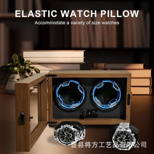 Boîte à remontoir de montre automatique en bois à double rotation avec lumière LED bleu glace pour le rangement des montres mécaniques - Product Image 2