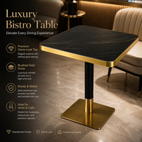 Ensemble table et chaises de bistrot en pierre frittée de luxe avec base en métal doré pour hôtel, café, restaurant, usage commercial