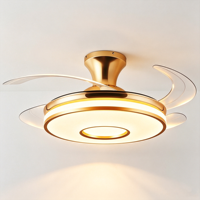 Ventilateur de plafond rétractable à double anneau doré avec éclairage LED, 3 couleurs dimmables, silencieux, pour usage domestique, télécommande