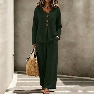 Costume décontracté pour femmes, bleu ciel, manches longues, col en V, ensemble pantalon, style fashionista de rue, S M L XL XXL, couleur unie - Product Image 3