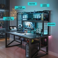 Bureau de jeu avec support pour écran, étagère de rangement en grille, structure métallique en Y, table d'ordinateur pour chambre, balcon, salle de jeux