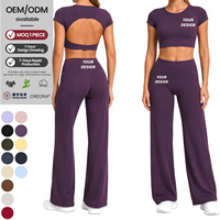 Ensemble de sport 2 pièces pour femme : Crop top à manches courtes et dos ouvert, pantalon taille haute à jambes larges, effet push-up fessier et contrôle du ventre, pour le yoga, vente en gros