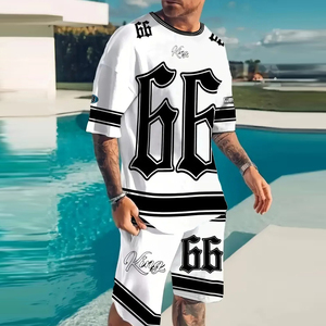 Set Estivo da <span class=keywords><strong>Uomo</strong></span> 2 Pezzi Personalizzato con Logo, T-shirt Goffrata e Pantaloncini Stampati, Completo Sportivo per <span class=keywords><strong>Uomo</strong></span> - Product Image 3