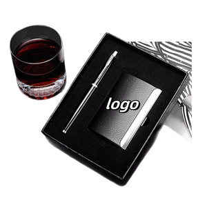 Factory Direct Sale Geometry PU Leather Office Stationery Business Card Holder Pen Two-Piece Set with Gift Box