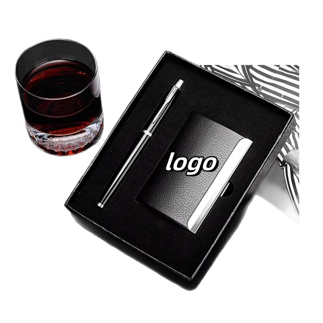 Factory Direct Sale Geometry PU Leather Office Stationery Business Card Holder Pen Two-Piece Set with Gift Box