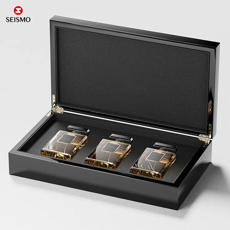 Custom Luxe Zwarte Houten Pack Man Parfums Collectie Pakket Geschenkdoos Set Verpakking Voor Mannen Met Magnetische Dop
