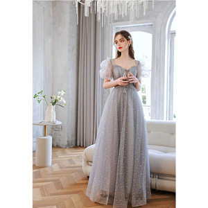 Grey Puff Sleeve Evening Gown Sweetheart Neckline Empire Waist Ruffles Performance Wedding Dress - Product Image 4