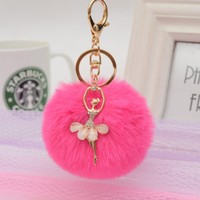 Porte-clés Pompon Fille Ballerine en Cristal Adorable de Noël, Pendentifs Boule Moelleuse Ange Dansant Doré, Bijoux de Mode pour Femmes