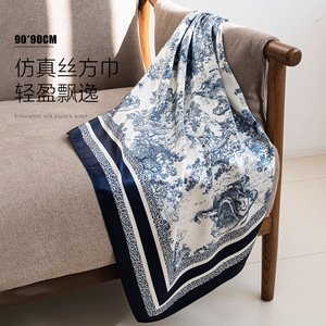 Écharpe carrée rétro coréenne à imprimé floral, cache-cou tendance et polyvalent, grande écharpe en soie imitation 90 cm, toucher soyeux - Product Image 2