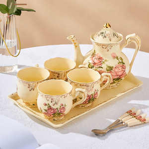 Service à thé en porcelaine rose ivoire vintage avec théière, motif floral, idéal pour un cadeau - Product Image 4