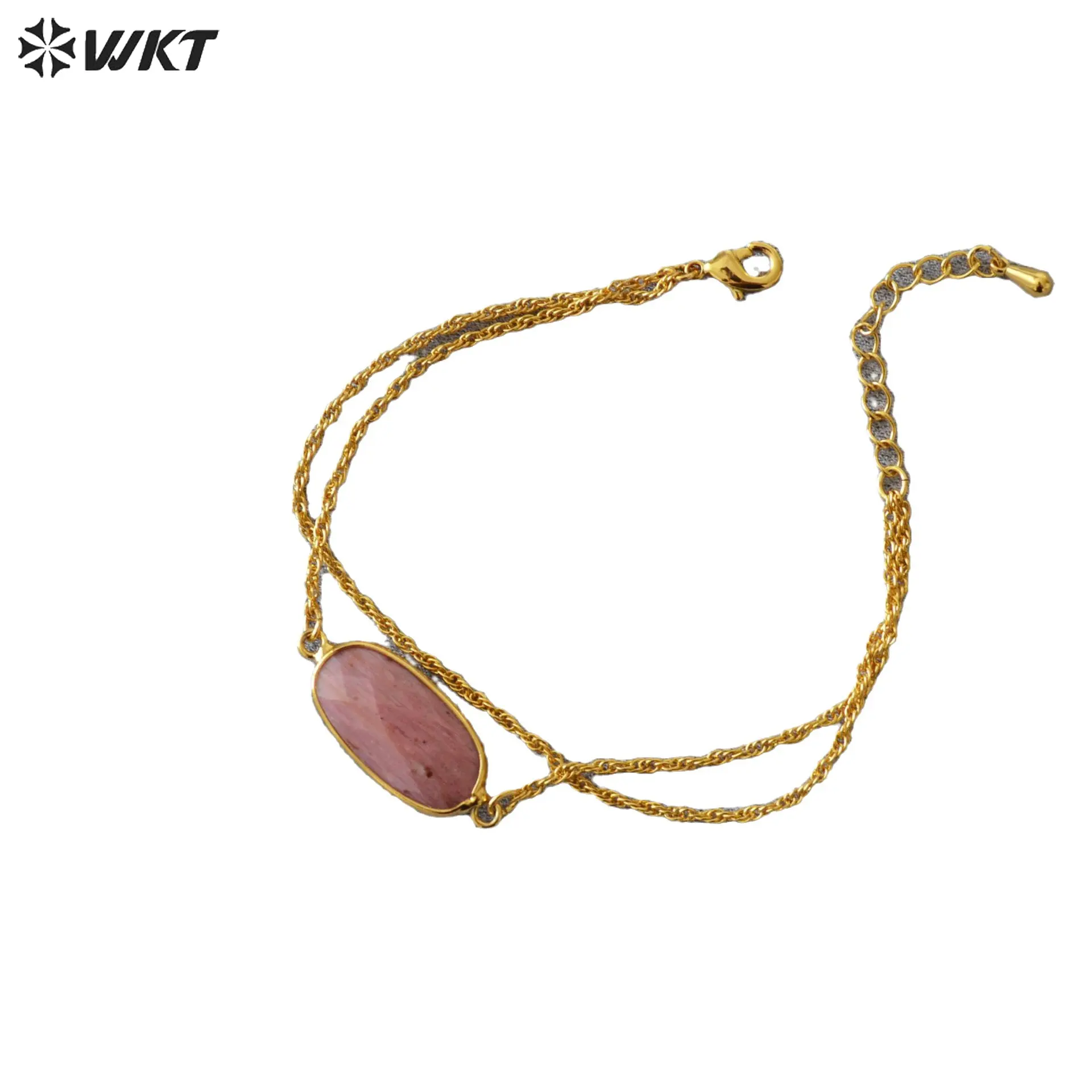 WT-B651 elegan 18K lapis emas asli nikel bebas Eropa kecil menghubungkan gelang batu Rhodonite lapisan ganda rantai pergelangan tangan wanita