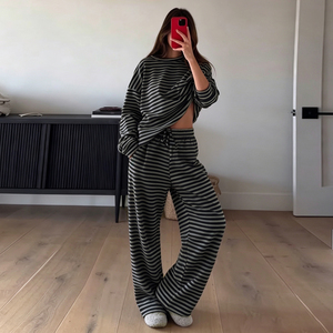 Conjunto de Dos Piezas a Rayas para Mujer, Top Holgado de Manga Larga con Hombros Caídos, Pantalones Anchos con Cordón, Transpirable y Cómodo para Otoño - Product Image 2