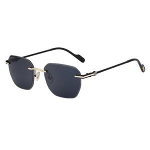 Trendy Classic Diamond Cut Shades Delicate Small Lens Lightweight Oval Rimless Metal Square Luxury Transparent Gold Sunglasses