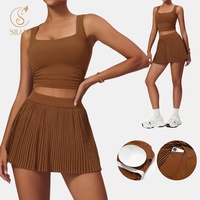 Pakaian Olahraga Wanita Bahan Bernapas Elastis 4 Arah Cepat Kering Set Gaun Tenis Golf Kerah Kotak Atasan Bra Berlipit Saku Sport