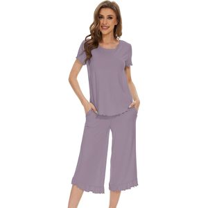 ชุดนอนผ้าวิสโคสผสมใยไผ่สำหรับผู้หญิง เสื้อแขนสั้น กางเกงขายาวระดับเข่า เนื้อผ้านุ่มสบาย ไซส์ S ถึง XXL - Product Image 3