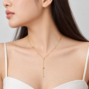 Cross Y Necklace Stainless Steel 14K <b>Gold</b> Vacuum Plated Bead Station Lariat 46cm Chain <b>Gold</b> and Silver Tone Options - Product Image 5