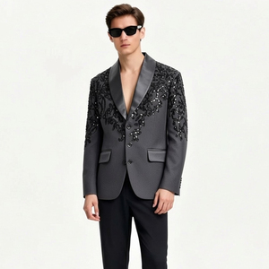 Cantidad mínima de pedido: 1 pieza |   Personalizado: Blazer de esmoquin negro con <span class=keywords><strong>lentejuelas</strong></span> y solapa de satén para fiestas y escenarios - Product Image 4