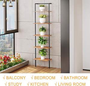 מדף סולם מודרני בן 5 קומות, מתכת, עץ, גבוה, פתוח, לתצוגה, לקיר, לבית, למשרד, לחדר שינה, לסלון, לעיצוב הבית - Product Image 6