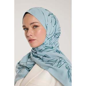 Pure Tone Silk Hijab <b>Square</b> Leaf Pattern Aqua Green Lightweight Women's <b>Scarf</b> Digital Printing - Product Image 2