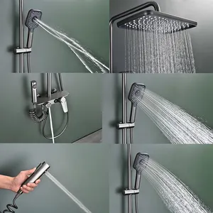 Hochwertige 4 Funktionen Wand halterung Pistole Grau Messing Kupfer Smart LED Hydro Power Digital Dusch armatur Set Mit Badezimmer regal