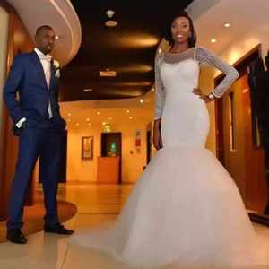 Robe de mariée NDB10659, robe de mariée ornée de perles et de broderies, coupe sirène, col rond, manches longues, brillante - Product Image 2