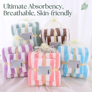 Set di asciugamani in pile corallo a righe, morbidi, delicati sulla pelle, altamente assorbenti, per viso e bagno, per l'uso quotidiano in casa e in bagno. - Product Image 1