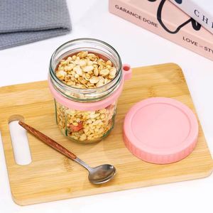Portable Eco-Friendly Glass Kitchen Storage Jar with Spoon Lid Cover for Overnight Oats Fruit Salad <b>Breakfast</b> Cereal (300ml) - Product Image 4