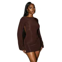 Robe moulante à manches longues, col rond, dos nu, unie, style streetwear, ODM, mode décontractée pour femmes en marron et noir