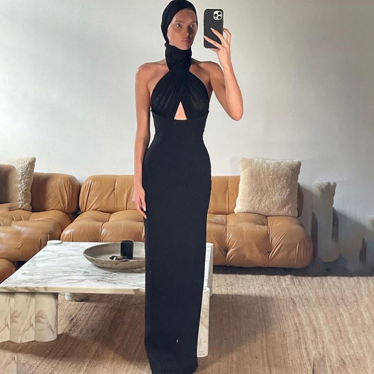 Halter Backless Mesh Patchwork Maxi Dresses for Women Black Sleeveless  Bodycon Celebrity Evening Party Long Dress| Alibaba.com