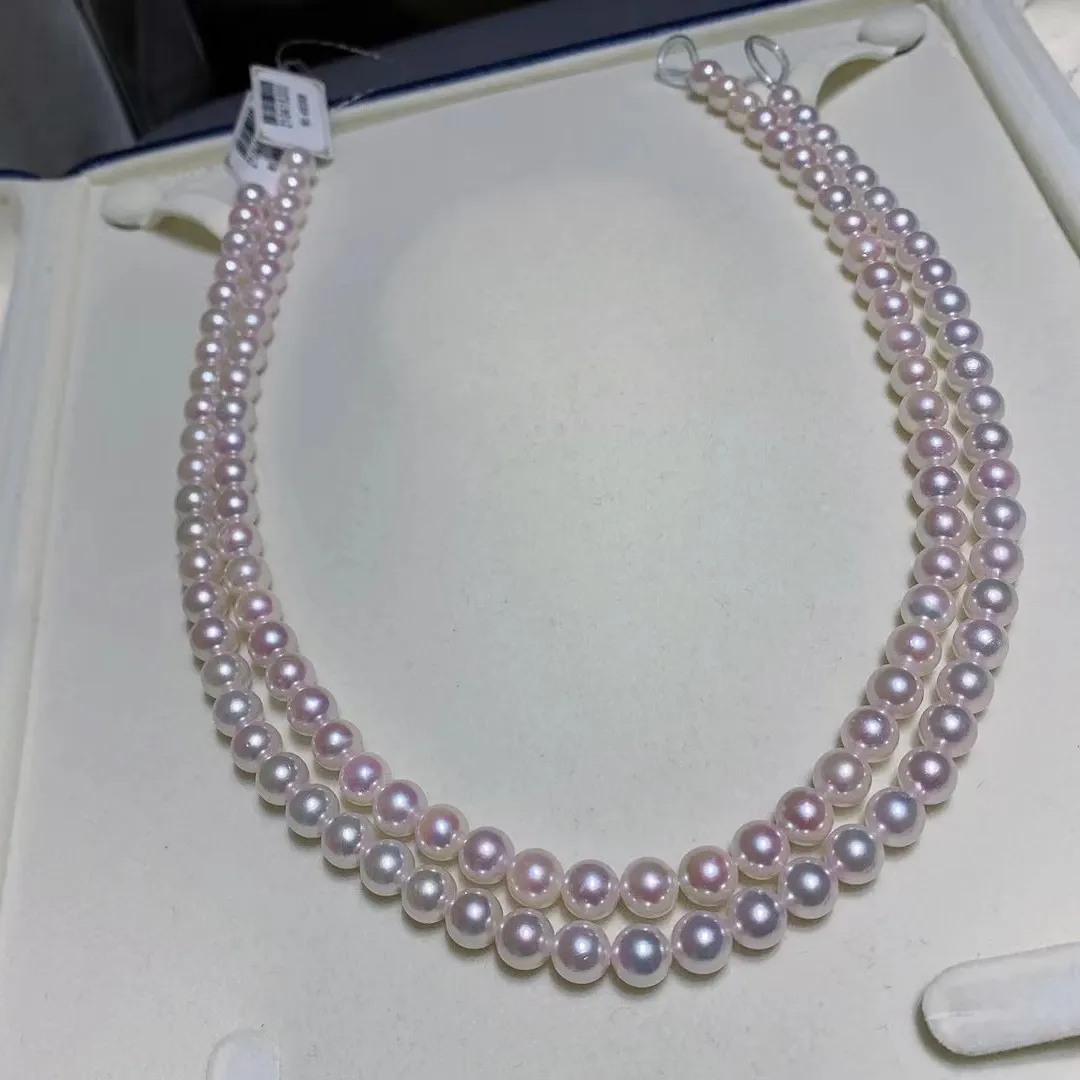 Segeln Perlenkette Feiner Schmuck Runde 7-7,5mm Natur-Ozean Halskette Weiße Perlen Handgemachte Doppel ketten