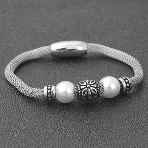 Tibetan Silver Mesh Chain <b>Bracelet</b> With Pearl <b>Beads</b> And Geometric Design Fashion Jewelry <b>For</b> Men And Women - Product Image 2