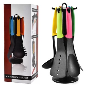Heat Resistant Black Kitchen Cooking Tools 6 Pieces Standing Handle Nylon Kitchen Cooking <b>Utensils</b> Set with Holder - Product Image 1