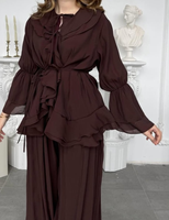 Ensemble Abaya Deux Pièces R-802 Luxe Traditionnel Élégant avec Haut en Polyester à Volants et Pantalon Évasé à Jambes Larges Longueur Cheville