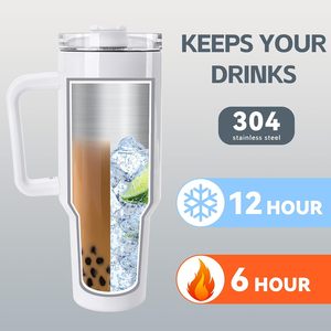 40 Oz Stainless Steel Vacuum Insulated Tumbler with Handle and Straw 12-24 Hours <b>Thermal</b> Insulation White Travel <b>Mug</b> - Product Image 4