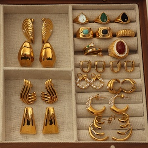 Thời trang retro phong cách Vuông hình học Chunky 18K mạ vàng thép không gỉ nhẫn phụ nữ Lapis đá vòng sang trọng đá quý Nhẫn - Product Image 6