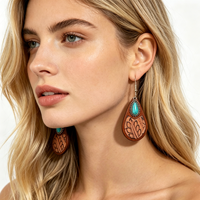 Pendientes de Cuero Estilo Western, Clásicos con Diseño de Leopardo, Cuero Vacuno, Turquesa y Madera, Pendientes Vintage para Mujer, Joyería de Moda
