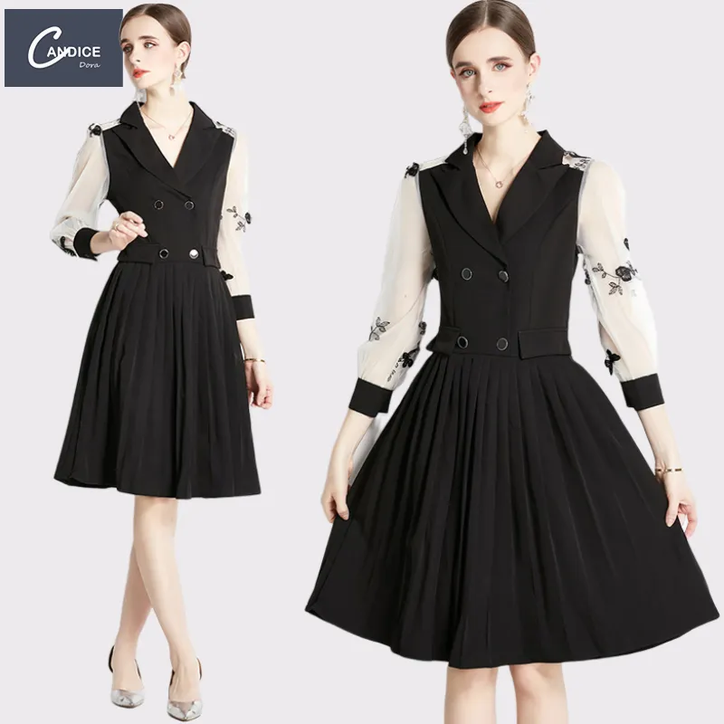 Candice 2023 spring casual wear long sleeve pleated embroidery knee length black dresses elegant women