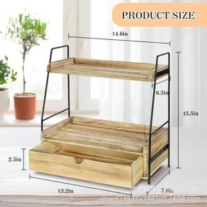 Wooden Double Layer Storage Rack With Drawers <b>Desktop</b> Cosmetic Organizer Solid Wood <b>Shelf</b> 3 Floors Makeup Storage - Product Image 4