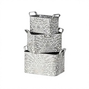 Diseño en relieve Rectangular Blanco Lavado Acabado Maceta decorativa Bañera JUEGO de 3 Estilo nórdico Metal Galvanizado Maceta Bin Flower - Product Image 1