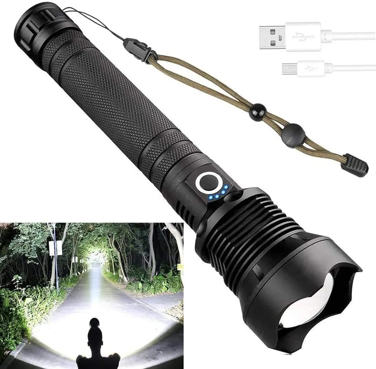 2022 high power XHP70.2 USB rechargeable telescopic zoomable power display LED flashlights 5000 lumen hand torch light