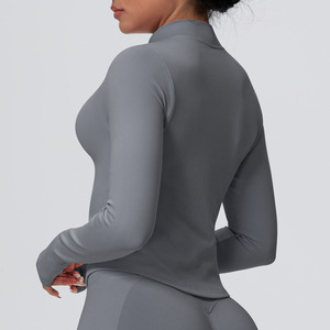 Camisetas de manga larga sin costuras, Chaquetas deportivas ajustadas para mujer, cuello alto transpirable, cremallera, chaquetas para exteriores, ropa de Yoga - Product Image 4