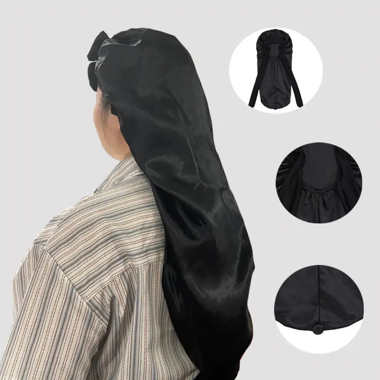 Syh32 personalizado Logotipo de lujo largo grande trenza pelo mujeres cabeza dormir mancha gorros y satén seda pelo envuelve con corbata y bufanda
