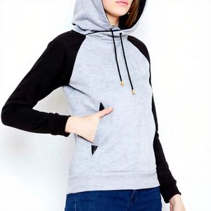 Sudadera con Capucha Gris para Mujer, con Mangas Negras, Color Sólido, Tejida, Informal, para Otoño, Transpirable, Corte Regular - Product Image 4