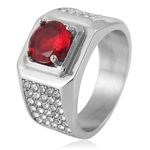 yunnique Geometric Red Gemstone <b>Titanium</b> Steel <b>Ring</b> Prong Setting Unisex Wedding <b>Ring</b> Gift - Product Image 1