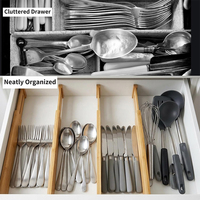 Lot de 4 organiseurs de tiroirs de cuisine en bambou, extensibles et réglables par ressort, pour salle de bain, maison, bureau, emballage en boîte en tissu