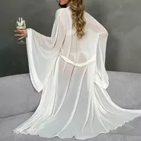 Nouvelle Robe de Nuit Transparente en Maille à Manches Longues, Col en V, Ceinture, pour Femme – Meilleure Vente