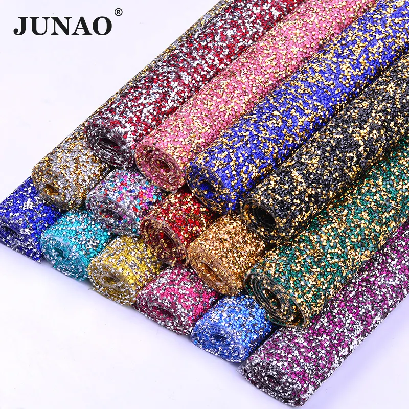 JUNAO SS12 Hotfix Rhinestone Fabric 24*40cm Colorful Iron On Crystal Mesh Trimming Wholesale Gemstones Trim Mesh