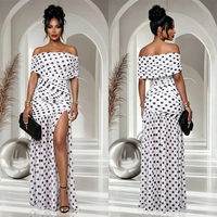 Robe longue de soirée de luxe pour femme, blanche et noire à pois, épaules dénudées, sexy, avec fente haute, pour l'été